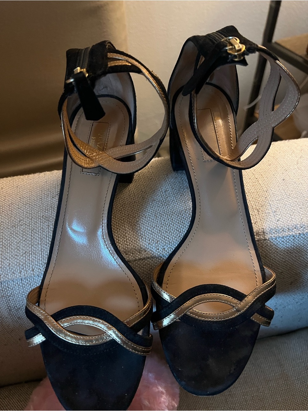 Aquazzura Black and Gold Suede Ankle-Strap Heels